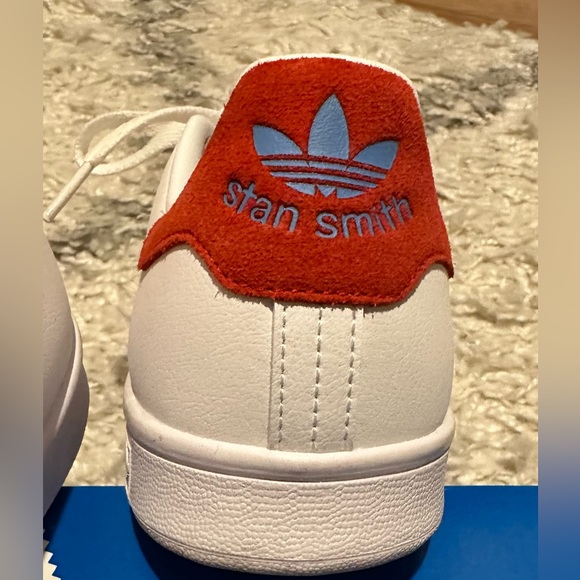 adidas Originals Shoes - Adidas Stan Smith power red logo w cornflower blue detail.